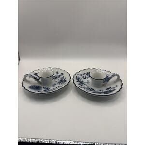 Pair Vintage Porcelain Blue Onion Chamber Candle Holder With Handle Set of 2